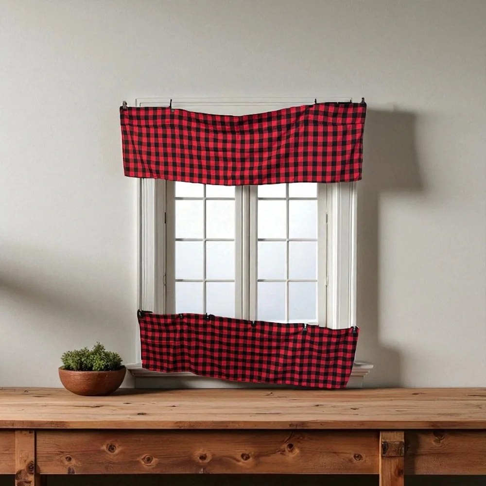 Set of 2 Red and Black Buffalo Plaid Curtain‎ Toppers NWOT